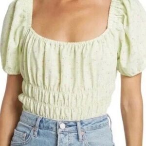 Elodie Green Floral Smocked Puff Sleeve Crop Top (XS)